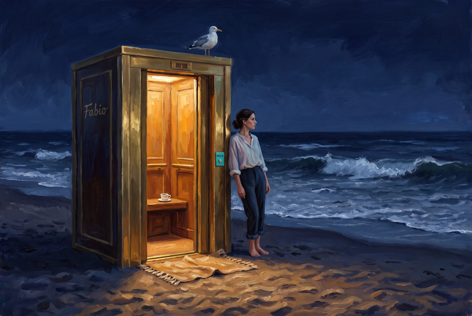A painted hotel elevator with warm brass light stands on wet sand beside the dark sea; a gull perches on its roof and barefoot night porter Lana looks towards the water.