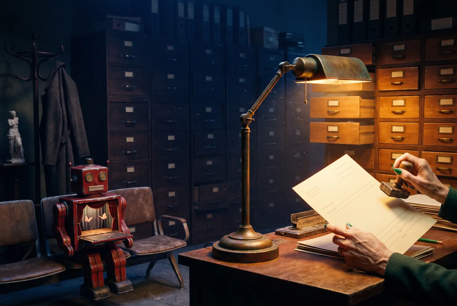 A small red robot with a tiny moth theatre waits in a nocturnal records office while green-polished hands stamp a blank form.