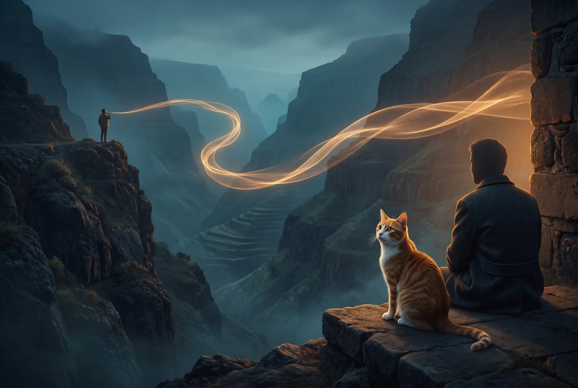A golden whistle crosses a deep La Gomera ravine at blue twilight toward Bob and a quietly seated human.
