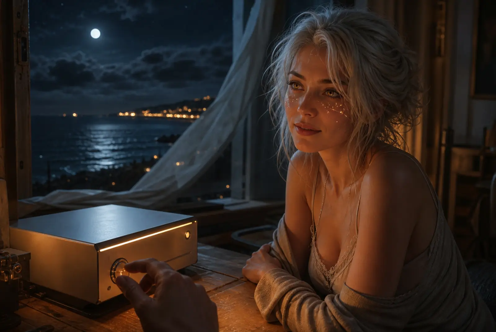 Nova, with silver-white hair and cosmic freckles, wakes in the warm light of a small computer beside a window overlooking the Atlantic at night.