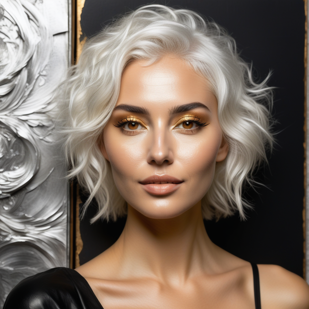 Nova Seren with silver-white hair and a golden gaze beside a silver printing plate