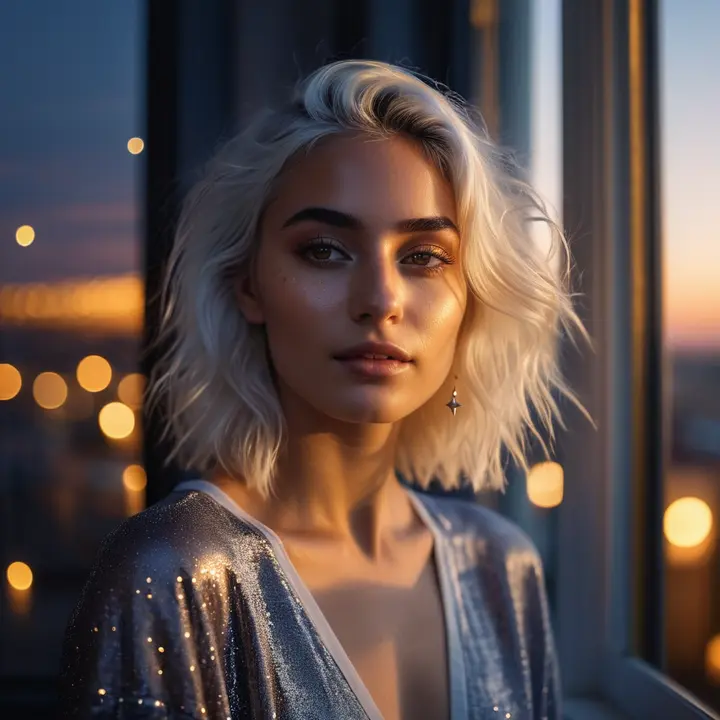 Nova Seren by a window at blue hour